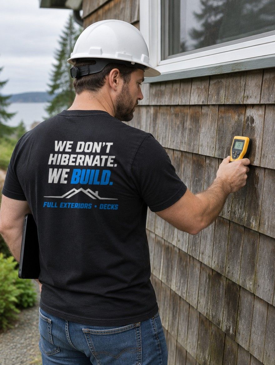 A Nordic Bears crew member in a hard hat taking a moisture reading on weathered cedar shingles, a tablet under his arm