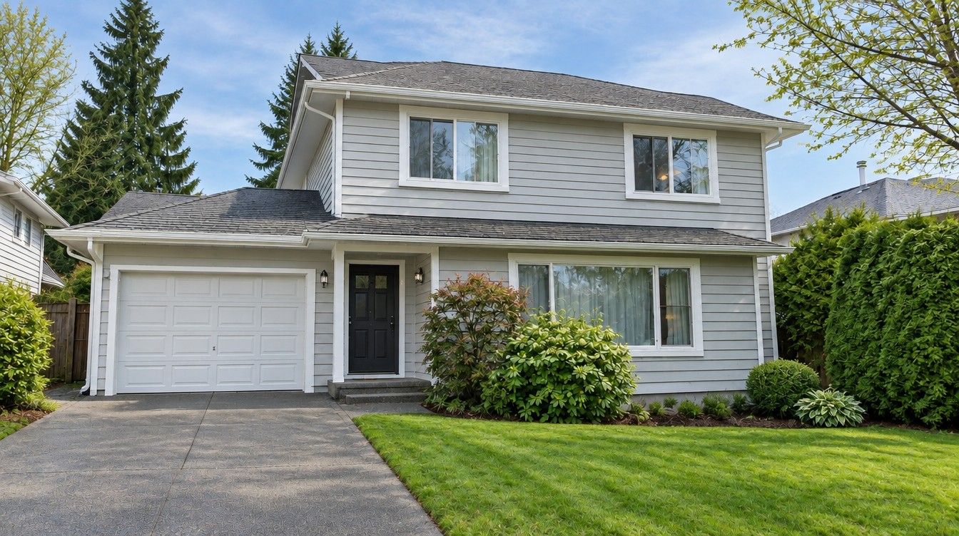 The same house after a full re-side: new lap siding, white trim and clean fascia