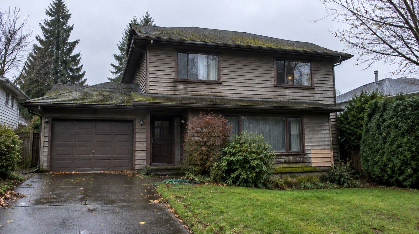 A tired two-storey home with faded, weather-stained siding before the work