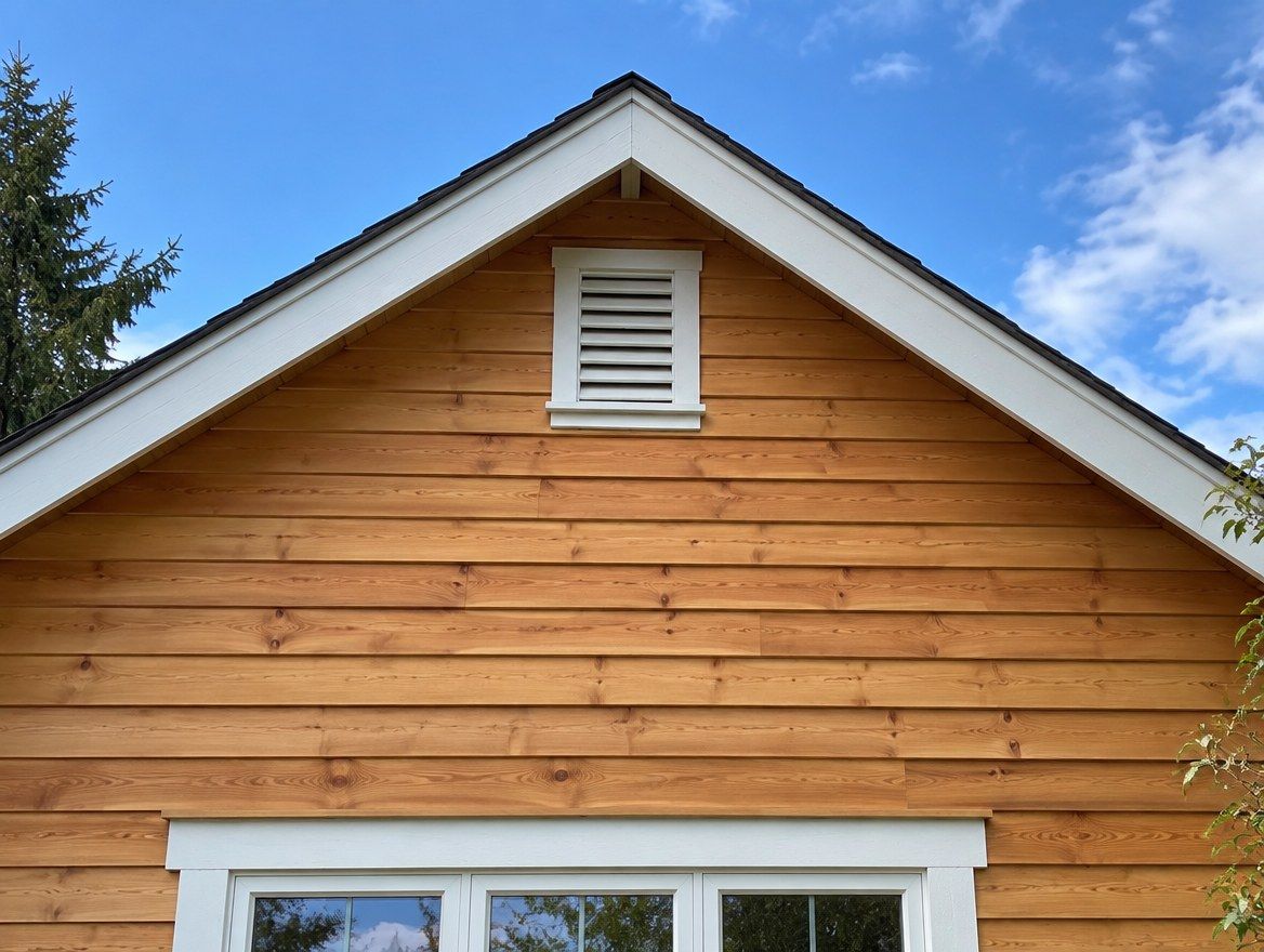 A gable end in new western red cedar bevel siding with white trim and a louvered vent