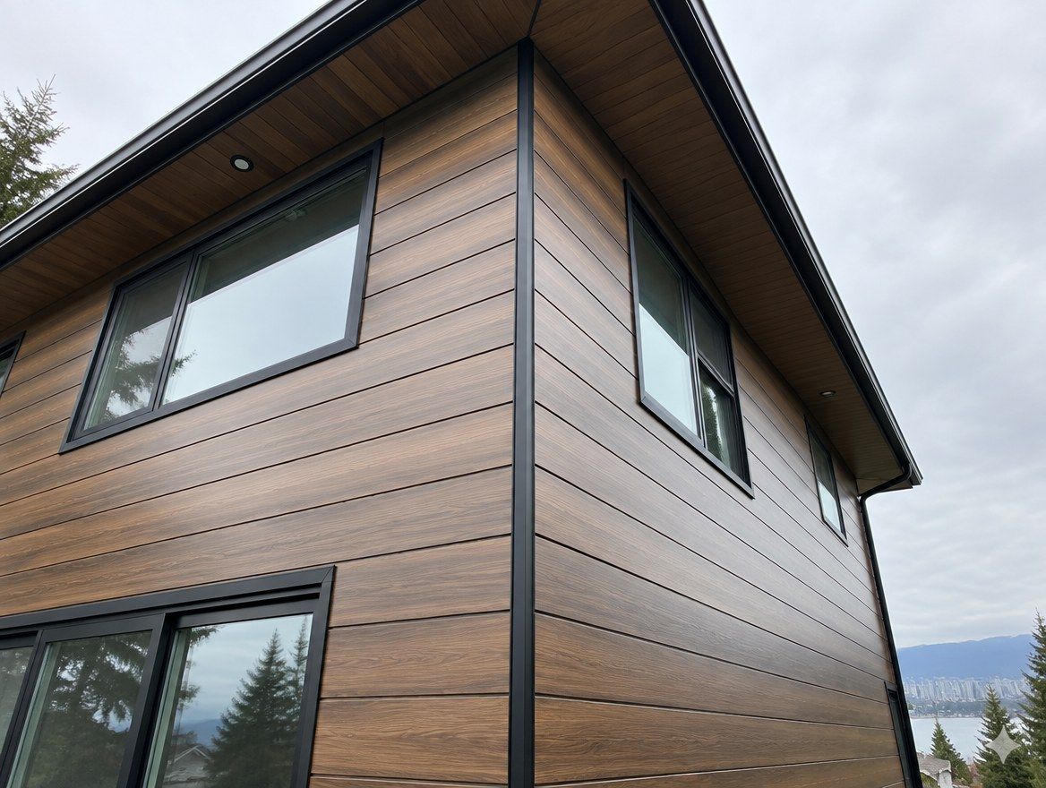 Looking up at a modern house clad in wood-grain aluminum planks with black trim