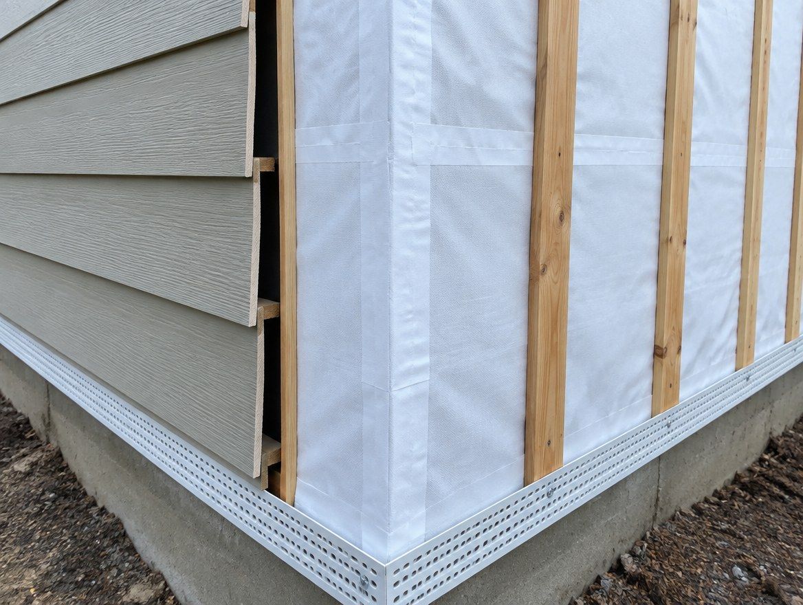 A house corner mid-install: taped house wrap, vertical strapping with an open gap behind the new lap siding, and a perforated vent strip at the base