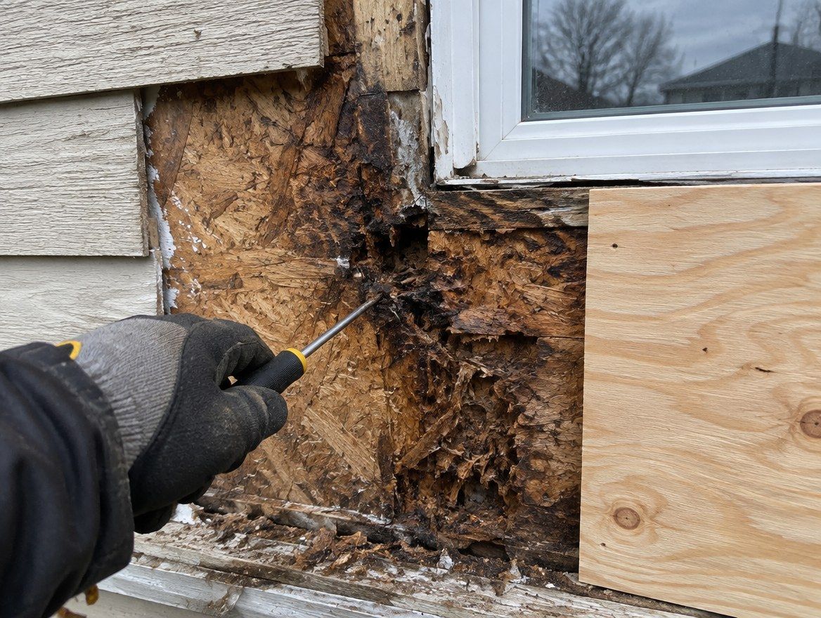 Old siding removed below a window, exposing rotten sheathing beside a new plywood patch