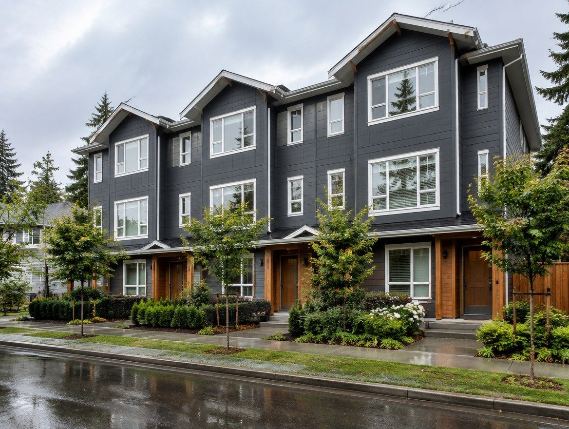 A row of townhouses clad in dark fibre-cement panels with cedar entry accents