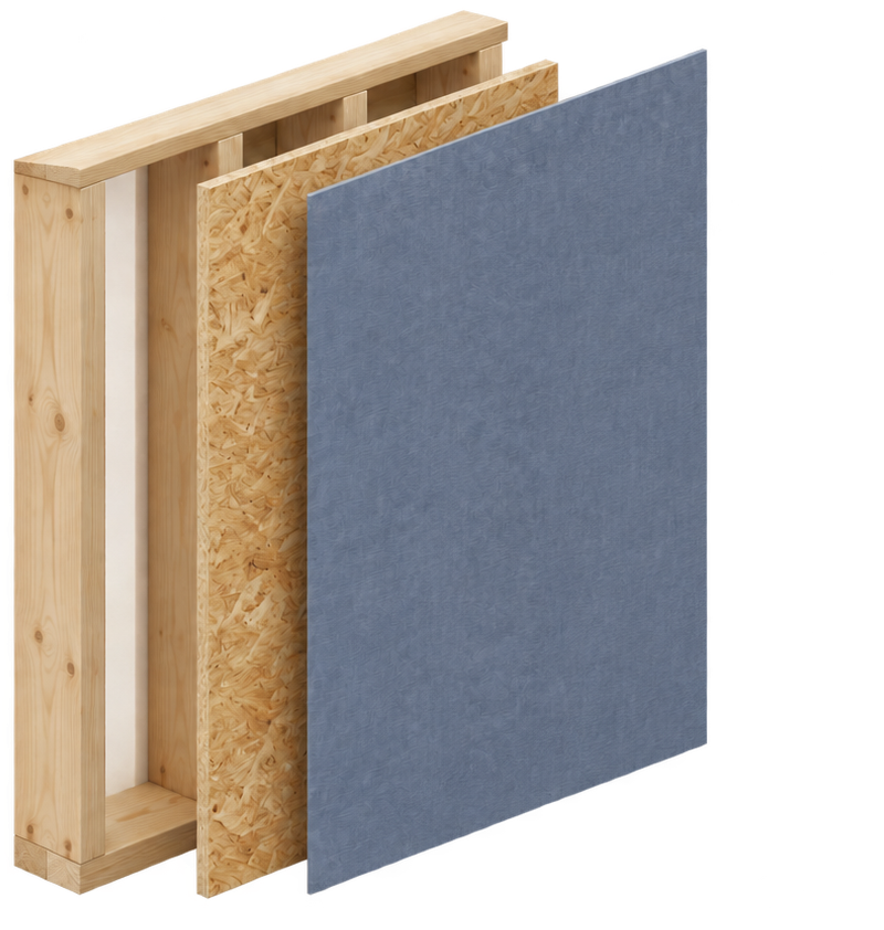 The same wall with the weather-resistant barrier added over the sheathing
