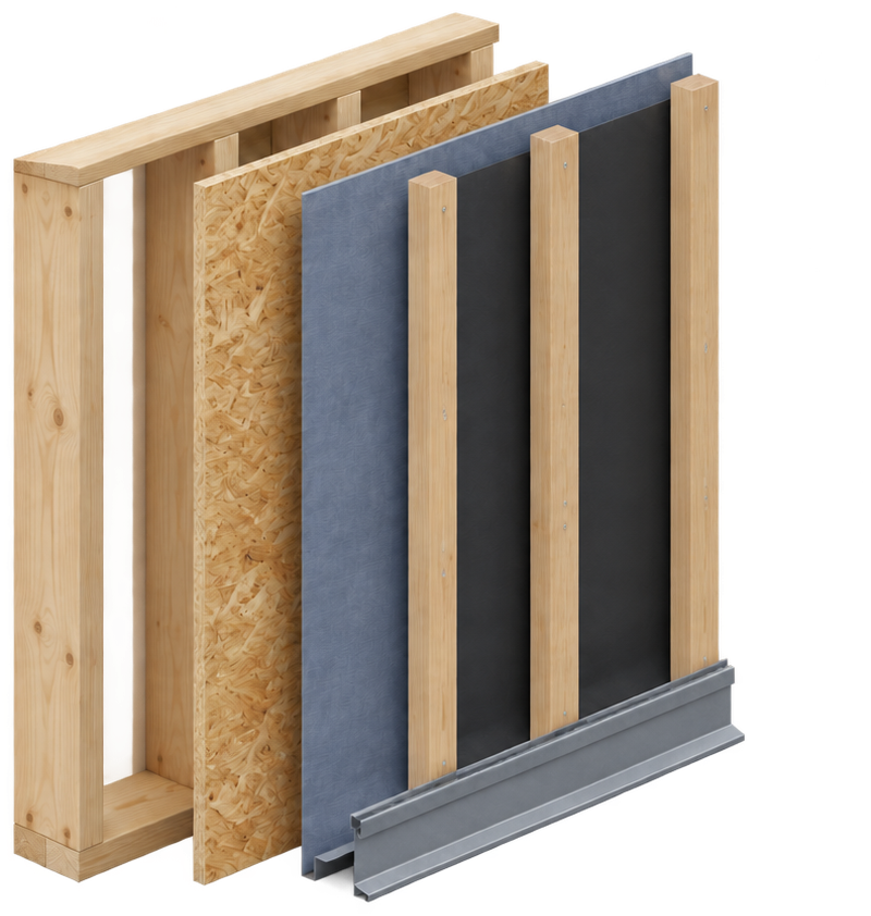 The same wall with vertical strapping added, leaving an open drainage cavity