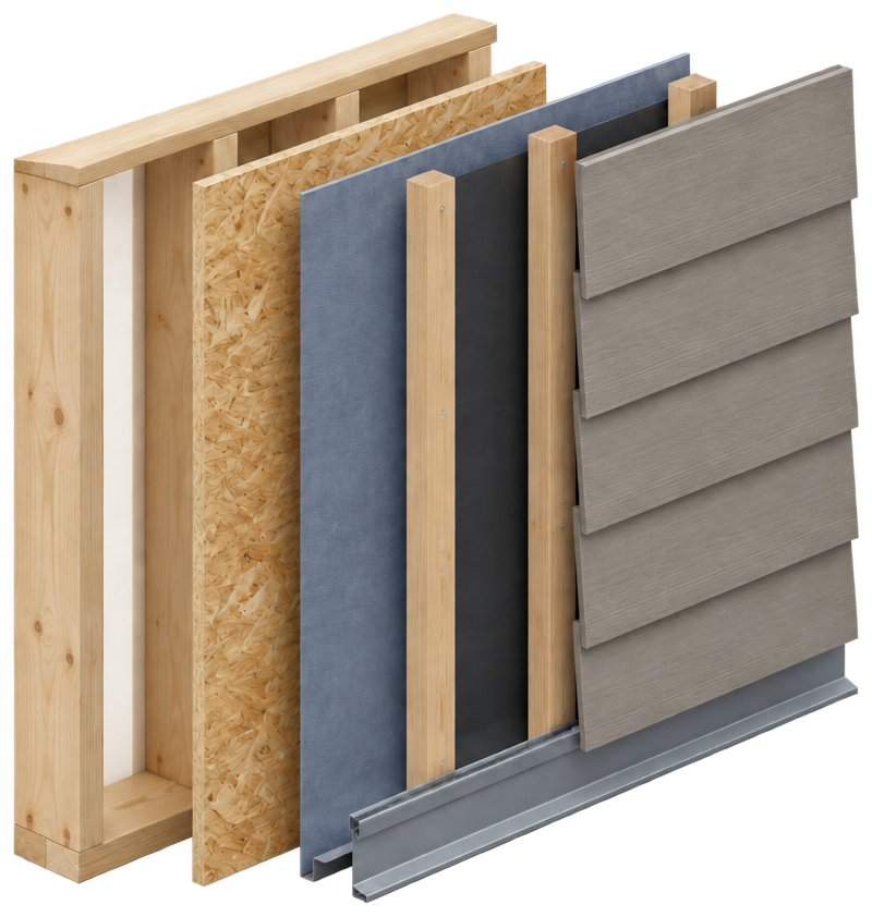 The finished wall with the siding fastened over the drainage cavity